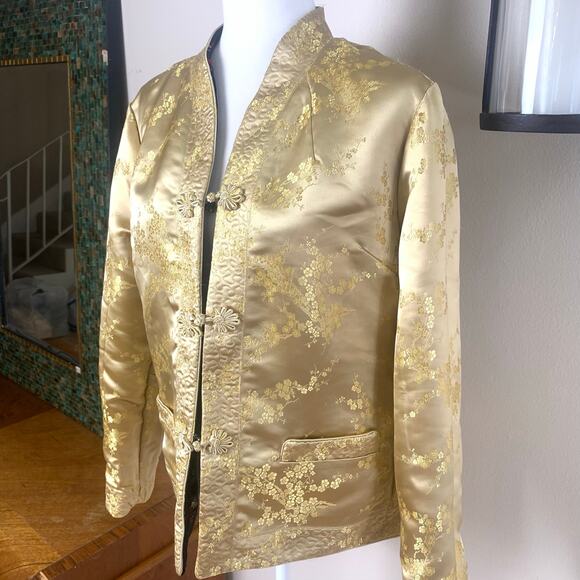Vintage Chinese Sz L Style Gold Silky Reversible Jacket Floral Embroidered Retro - Picture 4 of 16
